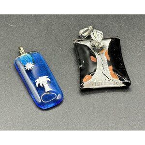 Pair Art Glass Fused Lampwork Square Rectangle Blue Tree Black Copper Pendants
